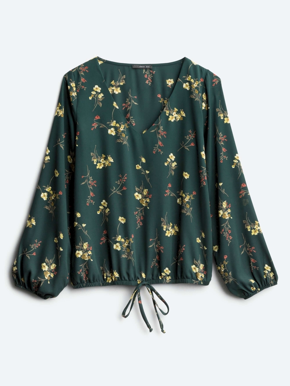 West Kei Dark Green Floral V-Neck Tie-Hem Blouse